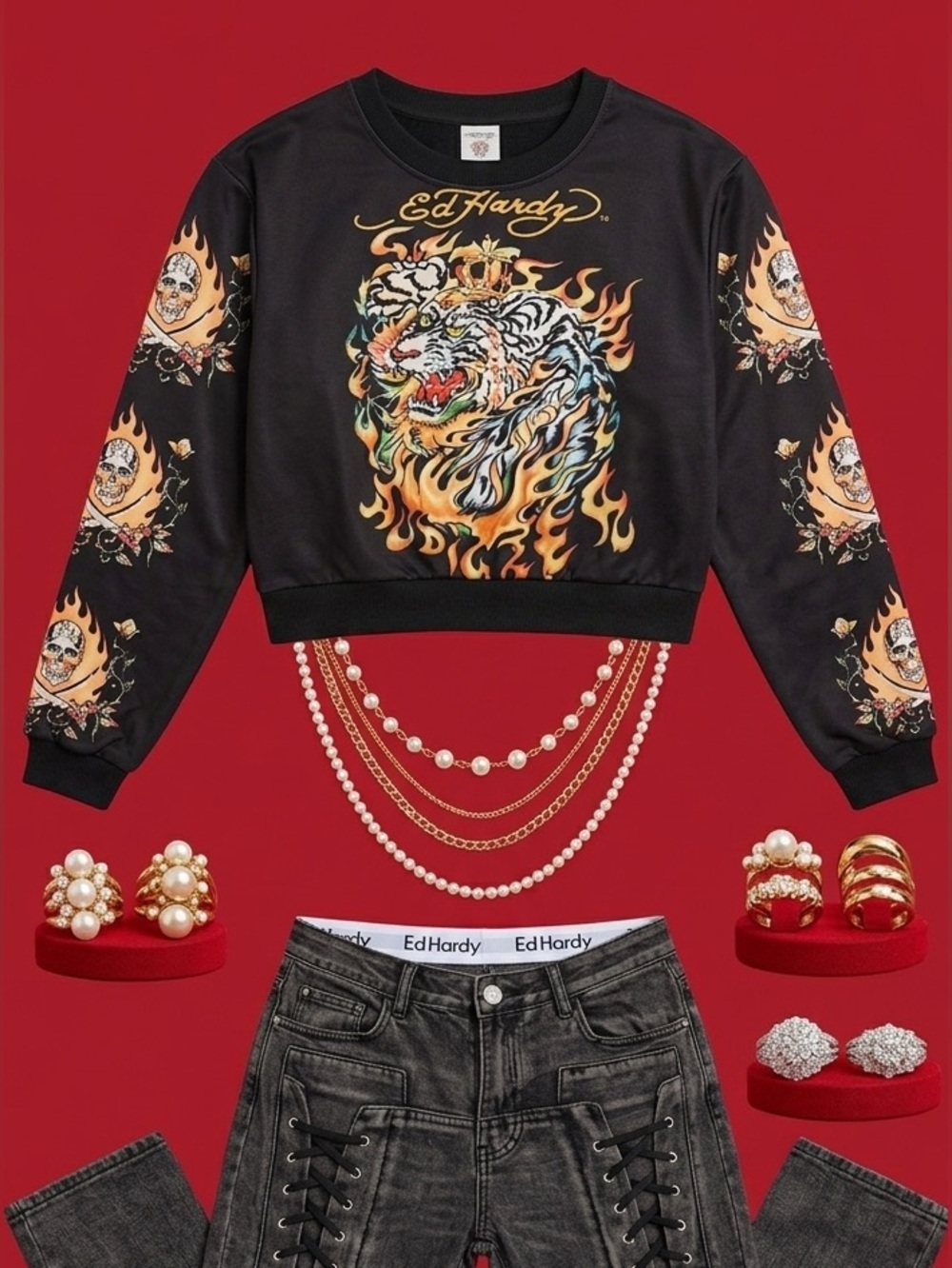 Ed Hardy Black Sweatshirt with Flame Tiger and Skull Sleeves